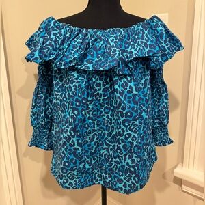 Lilly Pulitzer Turquoise & Navy Leopard Off-Shoulder Ruffle Top